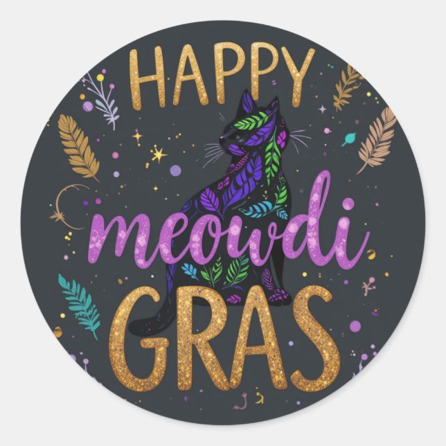 Mardi Gras with cat Classic Round Sticker (Front)