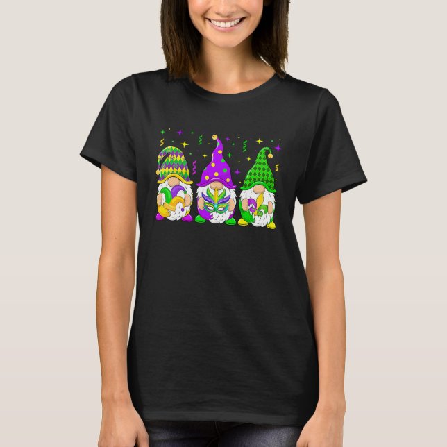 Mardi Gras With My Gnomies Cute Three Gnomes Squad T-Shirt (Front)