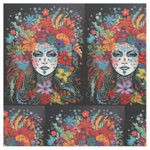 Mardi Gras Woman in Mask and Headdress Fabric