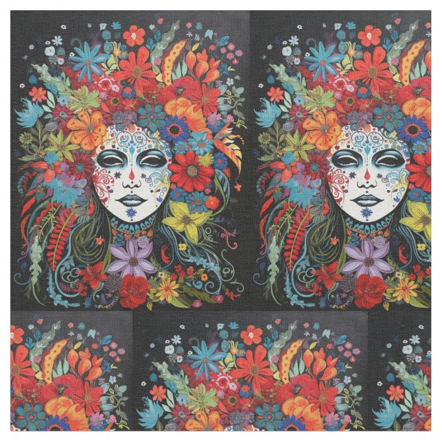 Mardi Gras Woman in Mask and Headdress Fabric (Close Up)