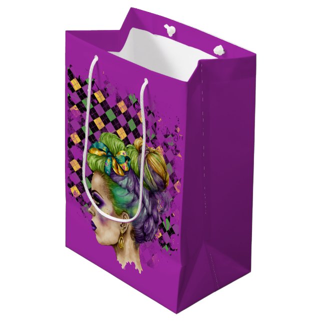  MARDI GRAS WOMAN WITH PURPLE GREEN GOLD HAIR MEDIUM GIFT BAG (Front Angled)
