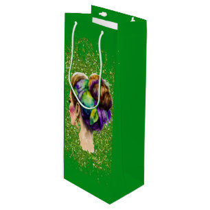 MARDI GRAS WOMAN WITH PURPLE GREEN GOLD HAIR WINE GIFT BAG