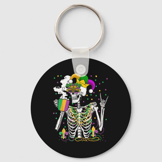Mardi Gras X-ray Skeleton Drinking Coffee Cute Hea Key Ring (Front)