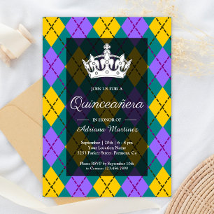 Mardi Gras Yellow Purple Argyle Crown Quinceanera Invitation