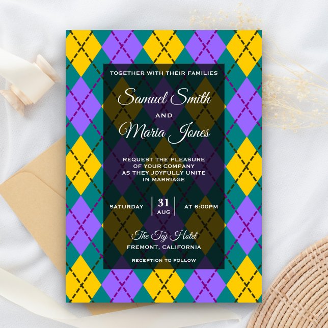 Mardi Gras Yellow Purple Argyle Wedding Invitation (Creator Uploaded)