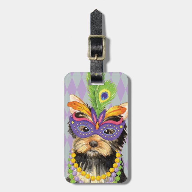 Mardi Gras Yorkie Luggage Tag (Front Vertical)