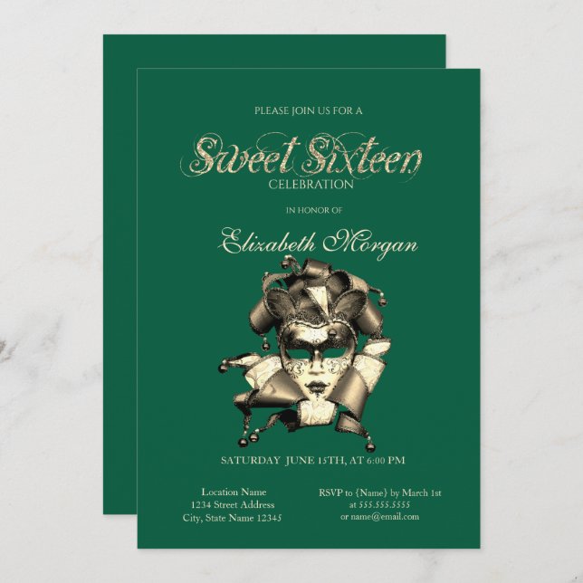Mardi Grass Masque Green Sweet 16 Invitation (Front/Back)