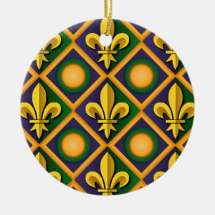 Mardi grass pattern with golden fleur-de-lis ceramic tree decoration