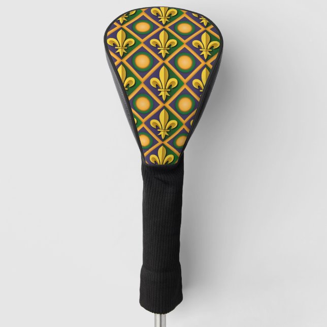 Mardi grass pattern with golden fleur-de-lis golf head cover (Front)