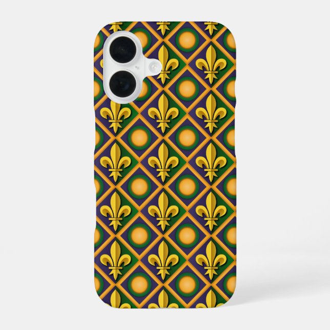 Mardi grass pattern with golden fleur-de-lis iPhone 16 case (Back)