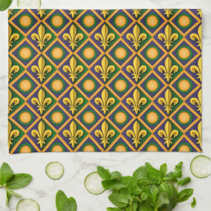 Mardi grass pattern with golden fleur-de-lis tea towel
