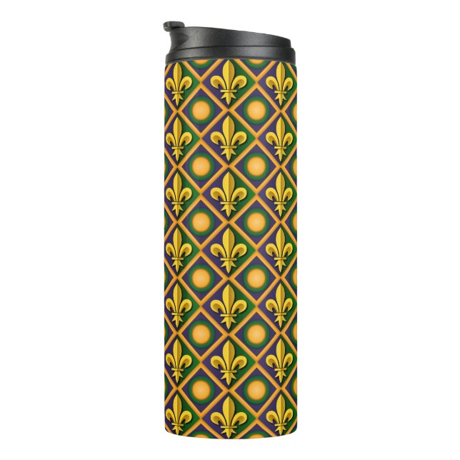Mardi grass pattern with golden fleur-de-lis thermal tumbler (Rotated Right)