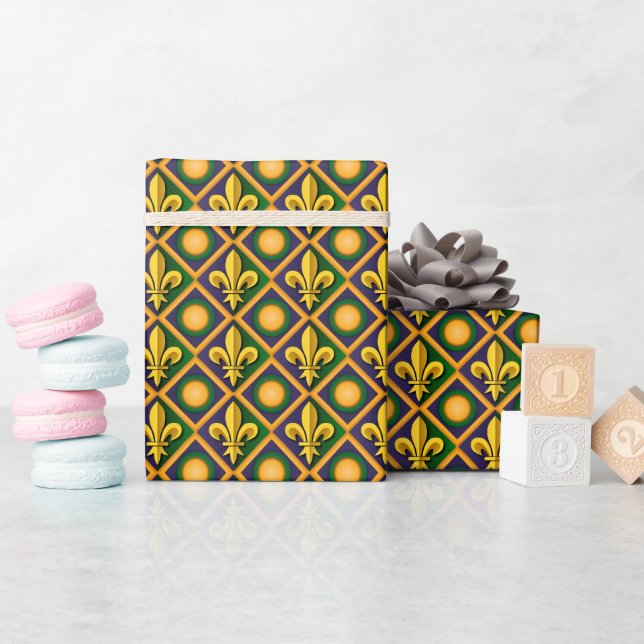 Mardi grass pattern with golden fleur-de-lis wrapping paper (Baby Shower)