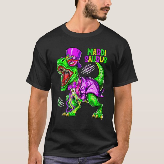 Mardi Grawr T Rex Dinosaur Bead Mardi Gras Party B T-Shirt (Front)