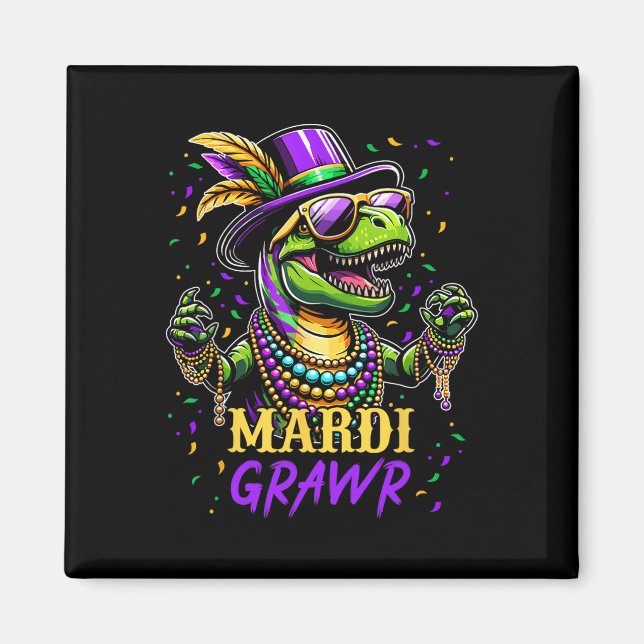 Mardi Grawr T Rex Dinosaur Mardi Gras Bead Costume Magnet (Front)