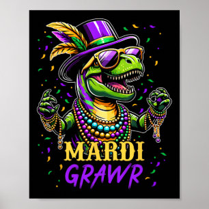 Mardi Grawr T Rex Dinosaur Mardi Gras Bead Costume Poster