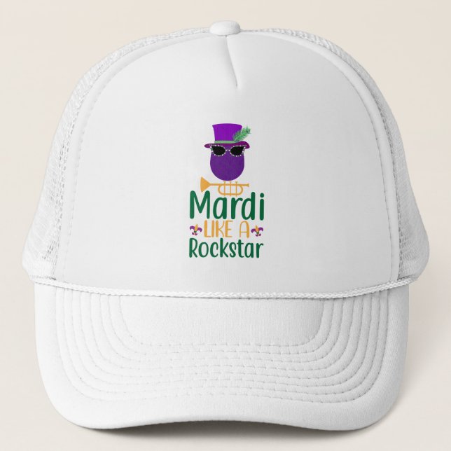 Mardi Like A Rockstar Typography Trucker Hat (Front)