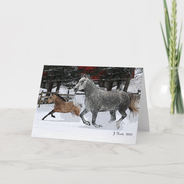 Mare and Foal running in snow Holiday Card (Front)