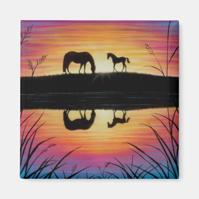 Mare and Foal Sunrise horse magnet square (Front)