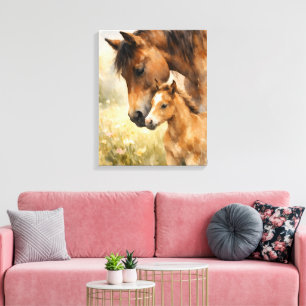Mare & Foal Watercolor Beneath Her Gentle Gaze Canvas Print
