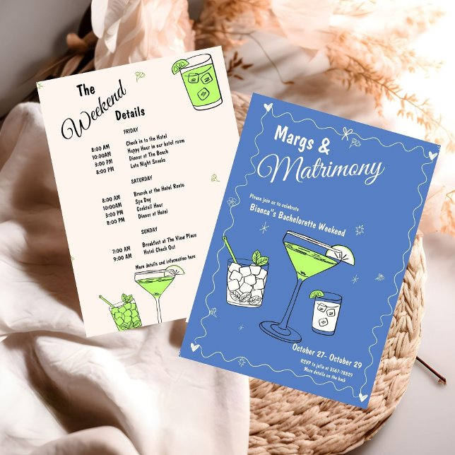 Marg & Matrimony Bachelorette Weekend Itinerary Invitation (Creator Uploaded)