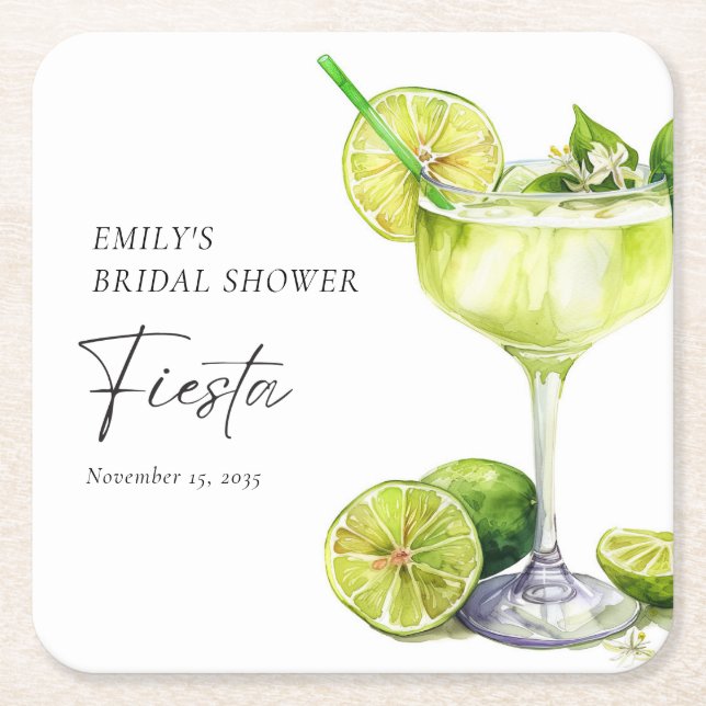 Margarita Mexican Fiesta Bridal Shower Square Paper Coaster (Front)