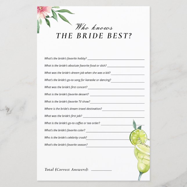 Margarita Mexican Who Knows the Bride Best Game (Front)