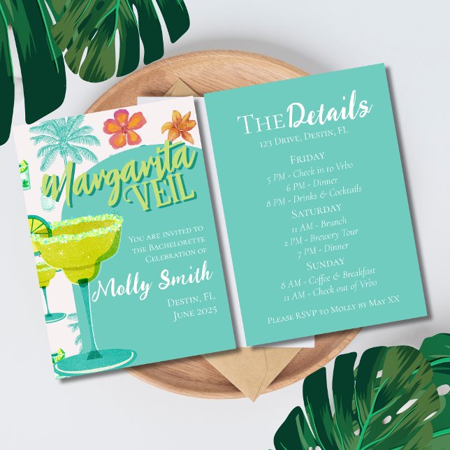 Margarita Veil Bachelorette Party Itinerary Invitation (Spice up the celebration with this Margarita Veil Tropical Fiesta Bachelorette Collection!)