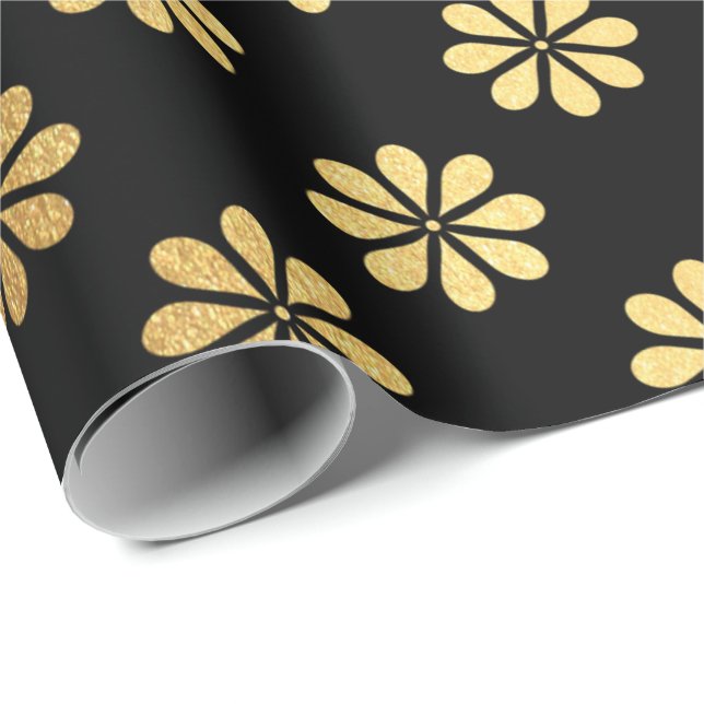 Margerite Flower Gold Petals Black Elegant Wrapping Paper (Roll Corner)