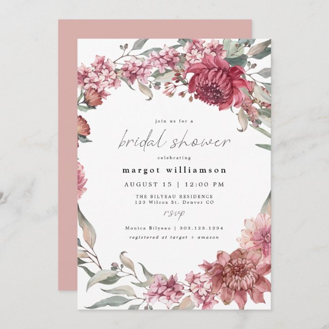 MARGOT Romantic Dusty Rose Blush Bridal Shower Invitation (Front/Back)