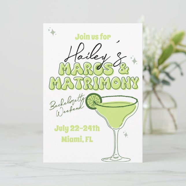 Margs and matrimony bachelorette invitation itiner (Standing Front)