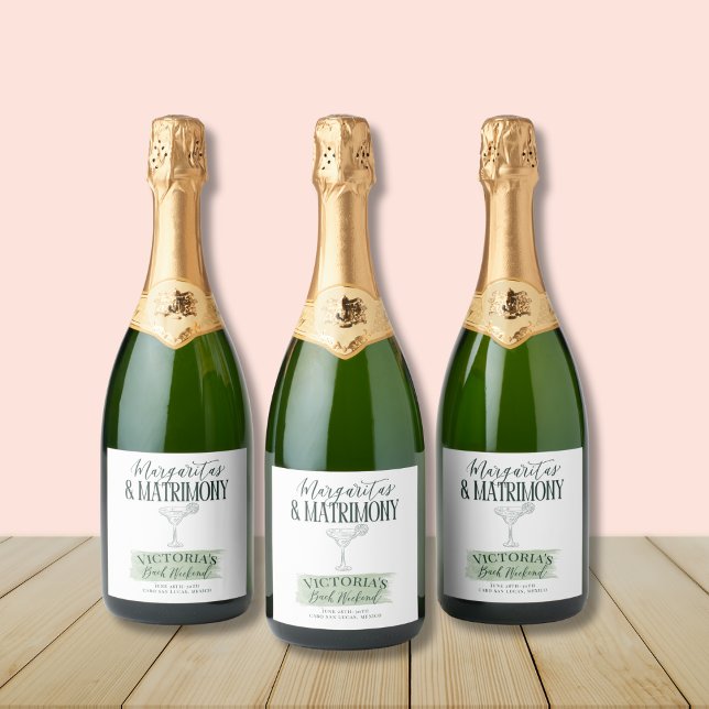  Margs and Matrimony Bachelorette Invitation Sparkling Wine Label (Fiesta-themed champagne label with green accents – perfect for a bubbly bridal celebration!)