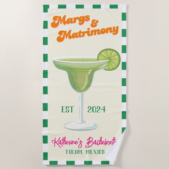 Margs and Matrimony Bridesmaid Bachelorette Party Beach Towel (Front)