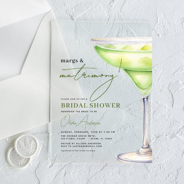 Margs and Matrimony Modern Bridal Shower  Acrylic Invitations (Creator Uploaded)