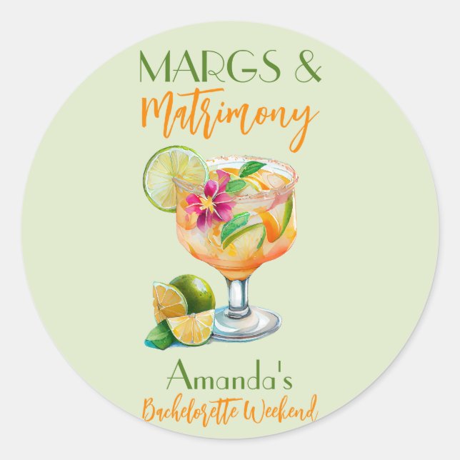 Margs and Matrimony Tequila & Fiesta Bachelorette Classic Round Sticker (Front)