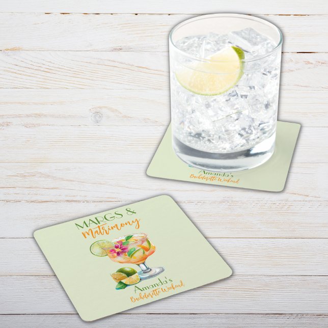 Margs and Matrimony Tequila & Fiesta Bachelorette Square Paper Coaster (Creator Uploaded)