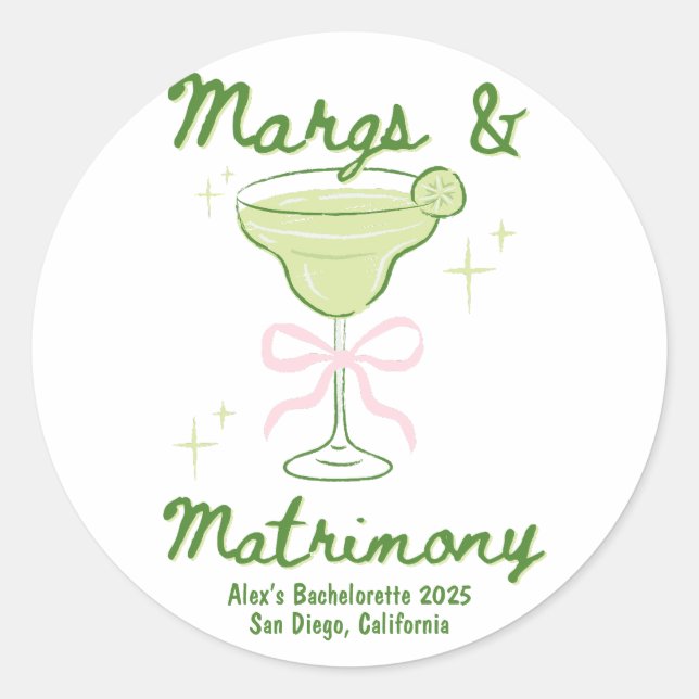Margs & Matrimony Bachelorette Custom Classic Round Sticker (Front)