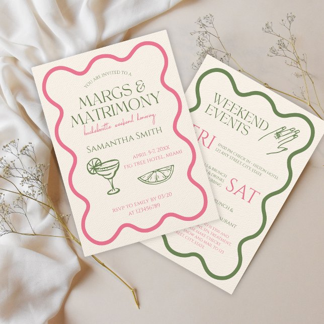 Margs & Matrimony Bachelorette Weekend Hand Drawn Invitation (Margs & Matrimony Bachelorette Weekend Invitation Hand Illustrated Green and Pink)
