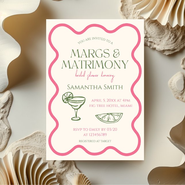 Margs & Matrimony Bridal Shower Hand Drawn Modern Invitation (Margs & Matrimony Bridal Shower Invitation Pink & Green Hand Illustrated)