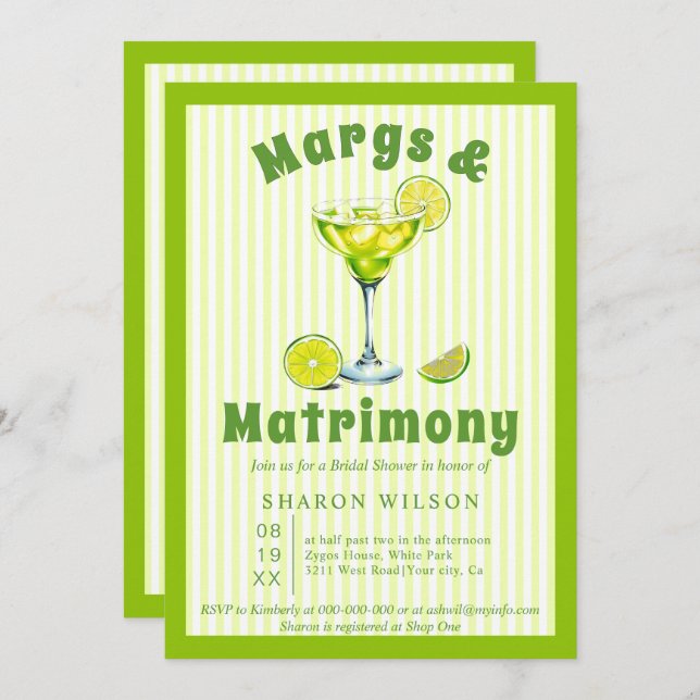 Margs & Matrimony cocktail green bridal shower Invitation (Front/Back)
