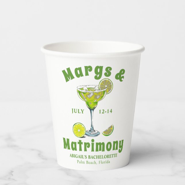 Margs & Matrimony cocktail lime green bachelorette Paper Cups (Back)