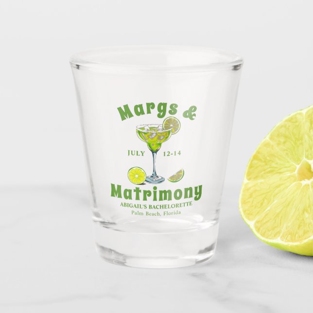 Margs & Matrimony cocktail lime green bachelorette Shot Glass (Front)