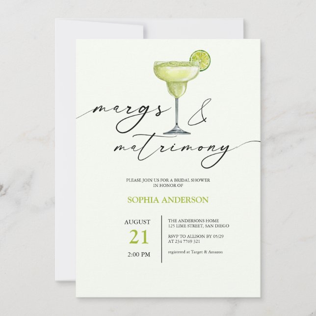 Margs & Matrimony Green Lime Bridal Shower Invitation (Front)