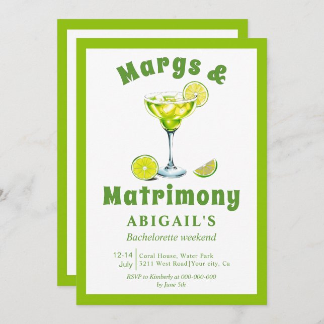 Margs & Matrimony lime green bachelorette weekend Invitation (Front/Back)