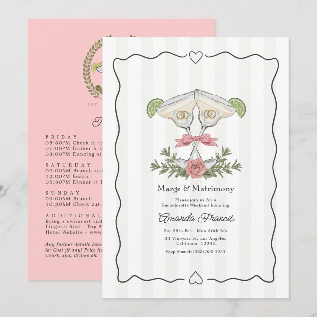 Margs & Matrimony Preppy Bachelorette Weekend Invitation (Front/Back)