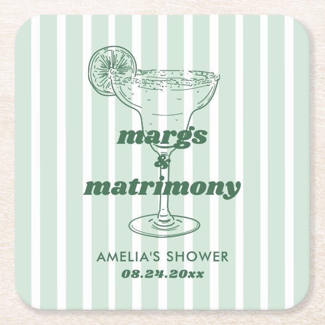 Margs & Matrimony Retro Bachelorette Bridal Shower Square Paper Coaster (Front)