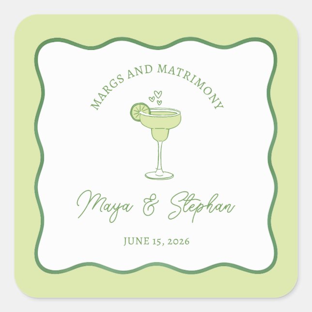 "Margs & Matrimony" Simple Lime Margarita Wedding Square Sticker (Front)