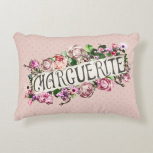 Marguerite Name Vintage Floral Banner Cute & Girly Decorative Cushion