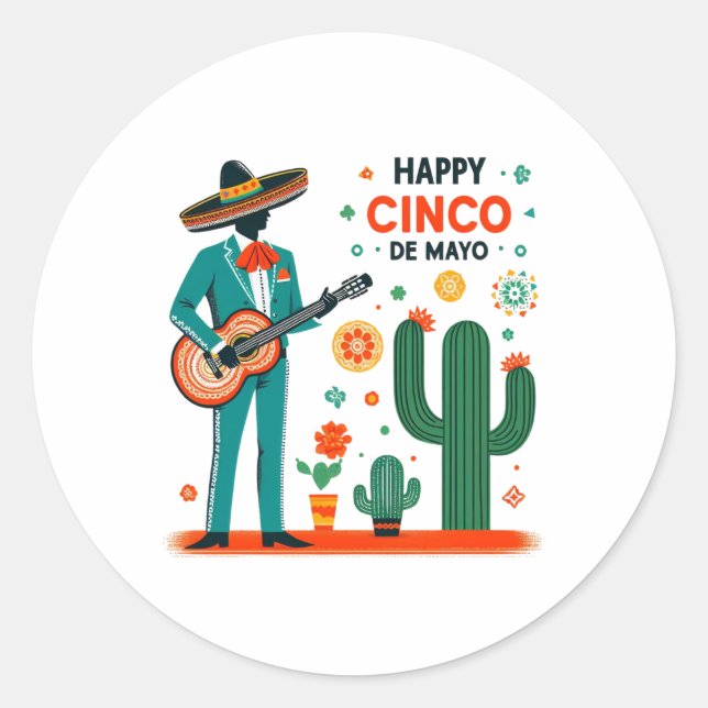 Mariachi Celebration – Happy Cinco de Mayo Classic Round Sticker (Front)