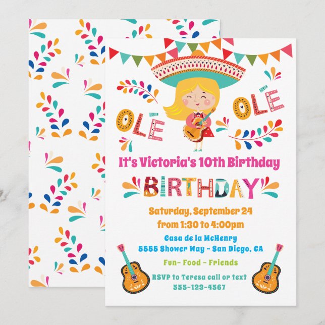 Mariachi Girl Mexcian Fiesta Birthday Party Invitation (Front/Back)